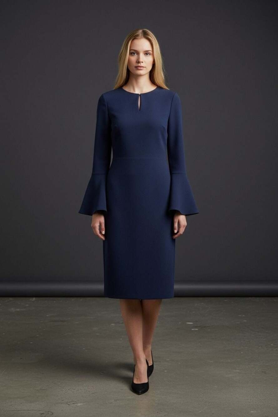 Ann Taylor Navy Blue Sheath Dress with Flare Sleeves and Keyhole Neck